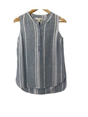 Ellen Tracy Linen Blue and White Vertical Stripe Sleeveless Henley top